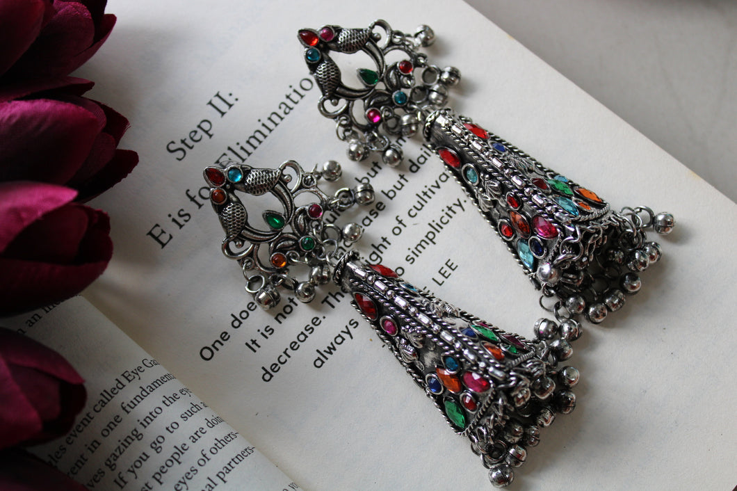 Oxidised Ghungroo Statement Earrings with Multi Color Stones
